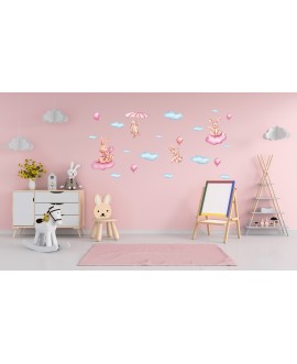 Naklejka na ścianę dla dzieci króliki chmurki balony studiograf