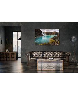 Obraz na płótnie canvas duży 120x80 błękitne jezioro w górach wodospad szare niebo studiograf