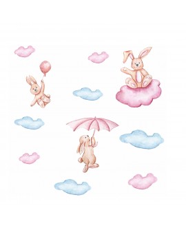 Naklejka na ścianę dla dzieci różowe króliki chmurki studiograf