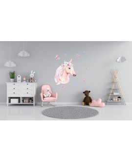 Naklejka na ścianę dla dzieci różowy jednorożec motyle gwiazdki studiograf