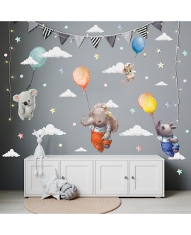 Naklejka na ścianę dla dzieci urocze pastelowe naklejki zwierzątka z balonami chmurki studiograf