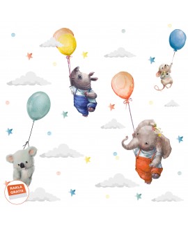 Naklejka na ścianę dla dzieci urocze pastelowe naklejki zwierzątka z balonami chmurki studiograf