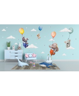 Naklejka na ścianę dla dzieci urocze pastelowe naklejki zwierzątka balony chmurki kwiatki studiograf
