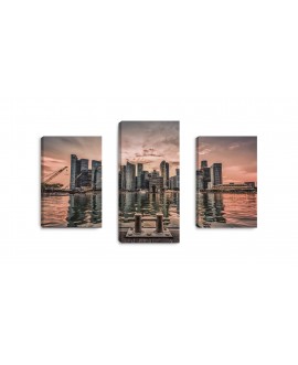 Obraz na płótnie canvas tryptyk potrójny obraz nowoczesny miasto nad wodą port zachód słońca studiograf