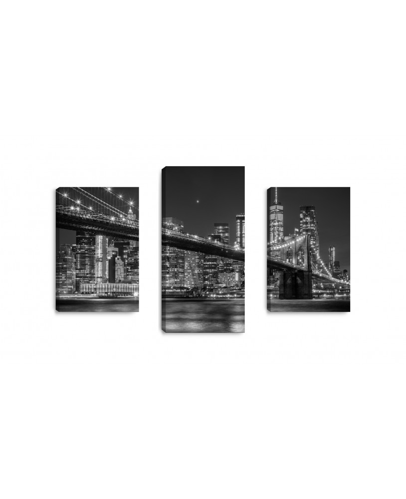 Obraz na płótnie canvas tryptyk potrójny obraz nowoczesny miasto nocą most nad wodą czarno biały studiograf