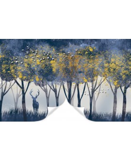Fototapeta 3D na ścianę  na wymiar flizelinowa jeleń na tle złoto niebieskiego lasu drzewa studiograf