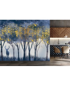 Fototapeta 3D na ścianę  na wymiar flizelinowa jeleń na tle złoto niebieskiego lasu drzewa studiograf