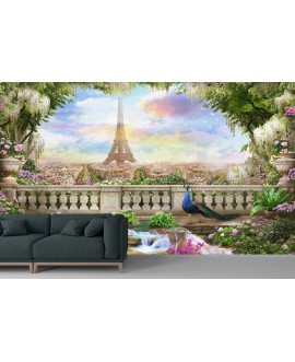 Fototapeta 3D na ścianę  na wymiar flizelinowa paw kwiaty wieża Eiffla rajski widok studiograf