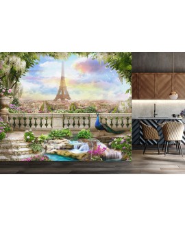 Fototapeta 3D na ścianę  na wymiar flizelinowa paw kwiaty wieża Eiffla rajski widok studiograf