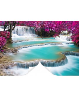 Fototapeta 3D na ścianę  na wymiar flizelinowa różowe drzewa liście błękitny wodospad studiograf