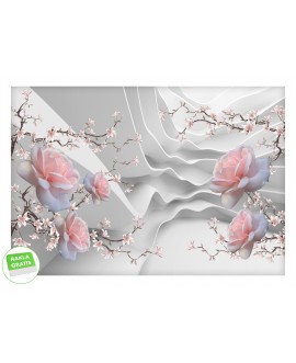 Fototapeta 3D na ścianę  na wymiar flizelinowa różowe kwiaty róże gałęzie z kwiatami studiograf