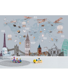 Fototapeta 3D na wymiar  flizelinowa dla dzieci dziecięca mapa świata symbole państw samoloty balony studiograf
