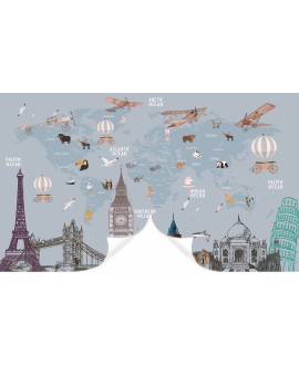 Fototapeta 3D na wymiar  flizelinowa dla dzieci dziecięca mapa świata symbole państw samoloty balony studiograf