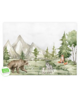 Fototapeta 3D na wymiar  flizelinowa dla dzieci dziecięca niedźwiedź lis wilki góry drzewa studiograf