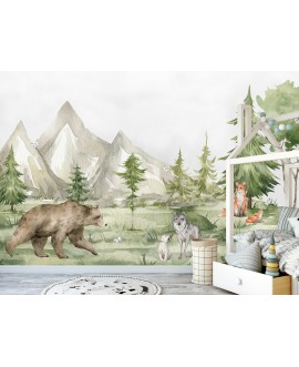 Fototapeta 3D na wymiar  flizelinowa dla dzieci dziecięca niedźwiedź lis wilki góry drzewa studiograf