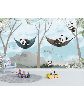 Fototapeta 3D na wymiar  flizelinowa dla dzieci dziecięca pandy na hamakach las samoloty góry studiograf