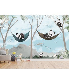 Fototapeta 3D na wymiar  flizelinowa dla dzieci dziecięca pandy na hamakach las samoloty góry studiograf