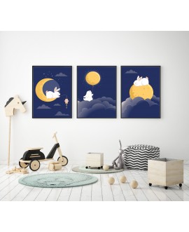 Zestaw 3 obrazków plakatów dla dzieci króliczki na chmurkach księżyc baloniki studiograf