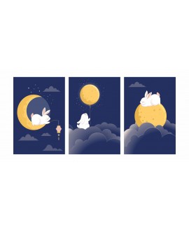 Zestaw 3 obrazków plakatów dla dzieci króliczki na chmurkach księżyc baloniki studiograf