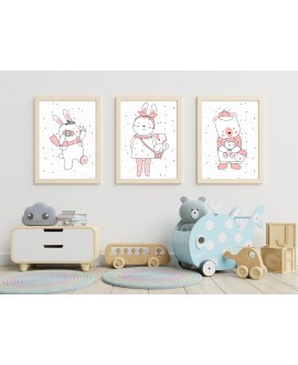 Zestaw 3 obrazków plakatów dla dzieci różowe króliczki groszki misie króliczek z aparatem studiograf