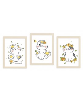 Zestaw 3 grafik obrazków plakatów plakat plakaty dla dzieci koty kotki kwiatuszki pszczółki studiograf