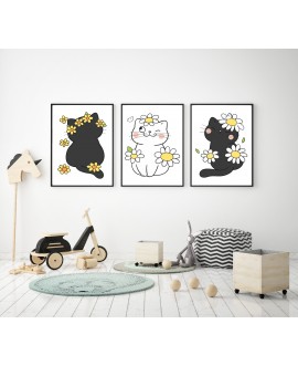 Zestaw grafik obrazków plakatów plakat dla dzieci czarne koty kwiatki motyle żółte stokrotki studiograf