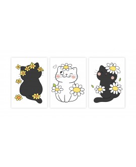Zestaw grafik obrazków plakatów plakat dla dzieci czarne koty kwiatki motyle żółte stokrotki studiograf