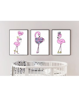 Zestaw 3 obrazków plakatów dla dzieci różowe flamingi różowe kwiaty balony korona studiograf