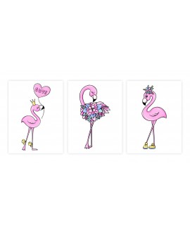 Zestaw 3 obrazków plakatów dla dzieci różowe flamingi różowe kwiaty balony korona studiograf