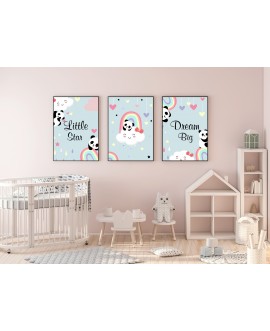 Zestaw 3 obrazków plakatów dla dzieci pandy tęcza chmurki serduszka plakat dla dziewczynki studiograf