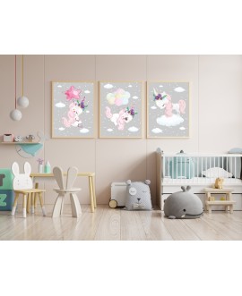 Zestaw 3 obrazków plakatów grafik dla dzieci jednorożce chmurki balony kwiatki jednorożec balony studiograf