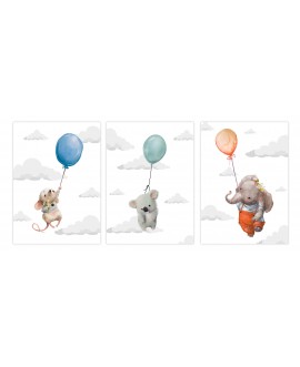 Zestaw 3 obrazków plakatów dla dzieci zwierzątka z balonami słoń koala myszka chmurki studiograf
