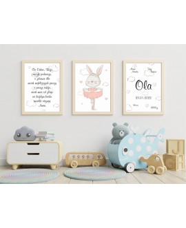 Metryczka zestaw 3 plakatów personalizowanych dla dzieci królik króliczek balerina chmurki serduszka studiograf