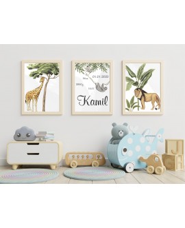 Metryczka zestaw plakatów personalizowanych dla dzieci plakaty prezent na chrzest urodziny zwierzątka dżungla żyrafa studiograf