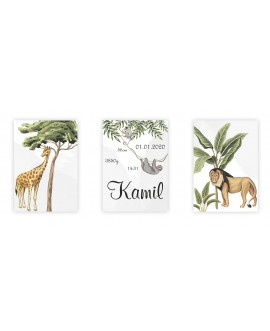 Metryczka zestaw plakatów personalizowanych dla dzieci plakaty prezent na chrzest urodziny zwierzątka dżungla żyrafa studiograf
