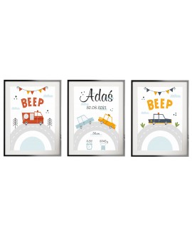 Metryczka zestaw 3 plakatów personalizowanych dla dzieci plakaty dla chłopca samochody studiograf