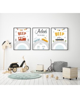 Metryczka zestaw 3 plakatów personalizowanych dla dzieci plakaty dla chłopca samochody studiograf