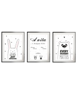 Metryczka zestaw 3 plakatów personalizowanych dla dzieci plakaty dla chłopca dla dziewczynki zajączek miś studiograf