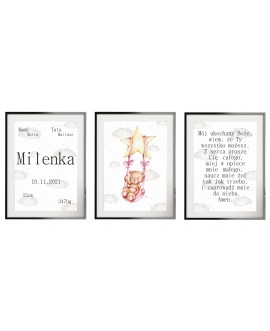 Metryczka zestaw 3 plakatów personalizowanych dla dzieci prezent na chrzest urodziny gwiazdki chmurki miś studiograf