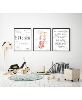 Metryczka zestaw 3 plakatów personalizowanych dla dzieci prezent na chrzest urodziny gwiazdki chmurki miś studiograf