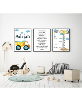 Plakaty dla chłopca koparki dźwig prezent na chrzest urodziny koparka zestaw plakatów metryczka studiograf