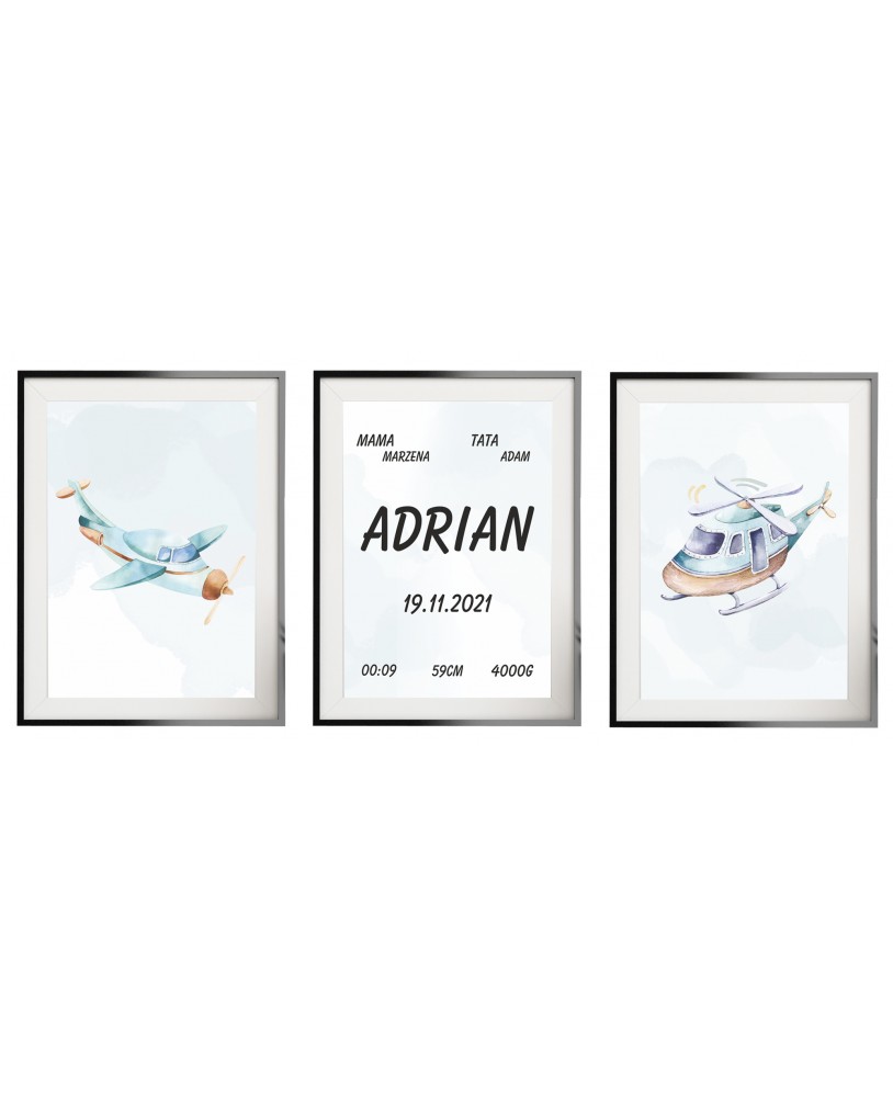 Metryczka zestaw plakatów personalizowanych dla dzieci samolot helikopter prezent na chrzest urodziny dla chłopca studiograf