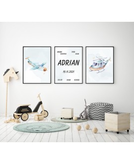 Metryczka zestaw plakatów personalizowanych dla dzieci samolot helikopter prezent na chrzest urodziny dla chłopca studiograf