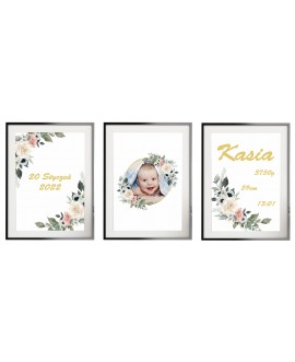 Metryczka zestaw 3 plakatów personalizowanych dla dzieci ze zdjęciem kwiaty prezent na chrzest urodziny studiograf