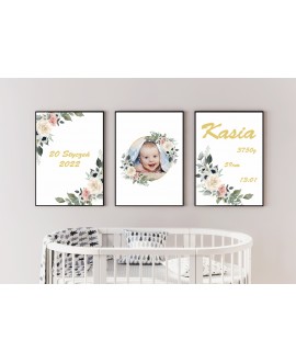 Metryczka zestaw 3 plakatów personalizowanych dla dzieci ze zdjęciem kwiaty prezent na chrzest urodziny studiograf