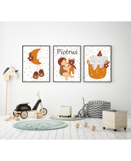 Metryczka zestaw 3 plakatów personalizowanych dla dzieci słonik księżyc imię dziecka studiograf