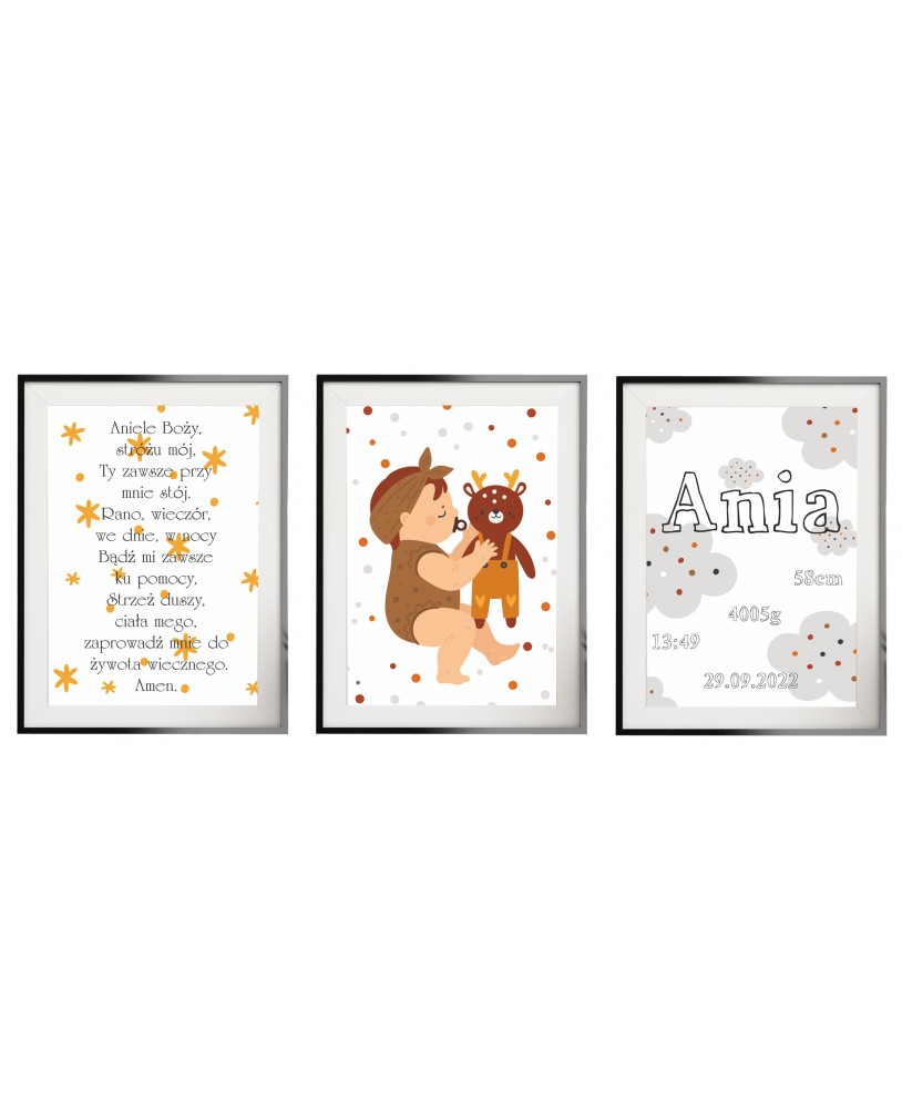 Metryczka zestaw 3 plakatów personalizowanych dla dzieci prezent na chrzest urodziny studiograf