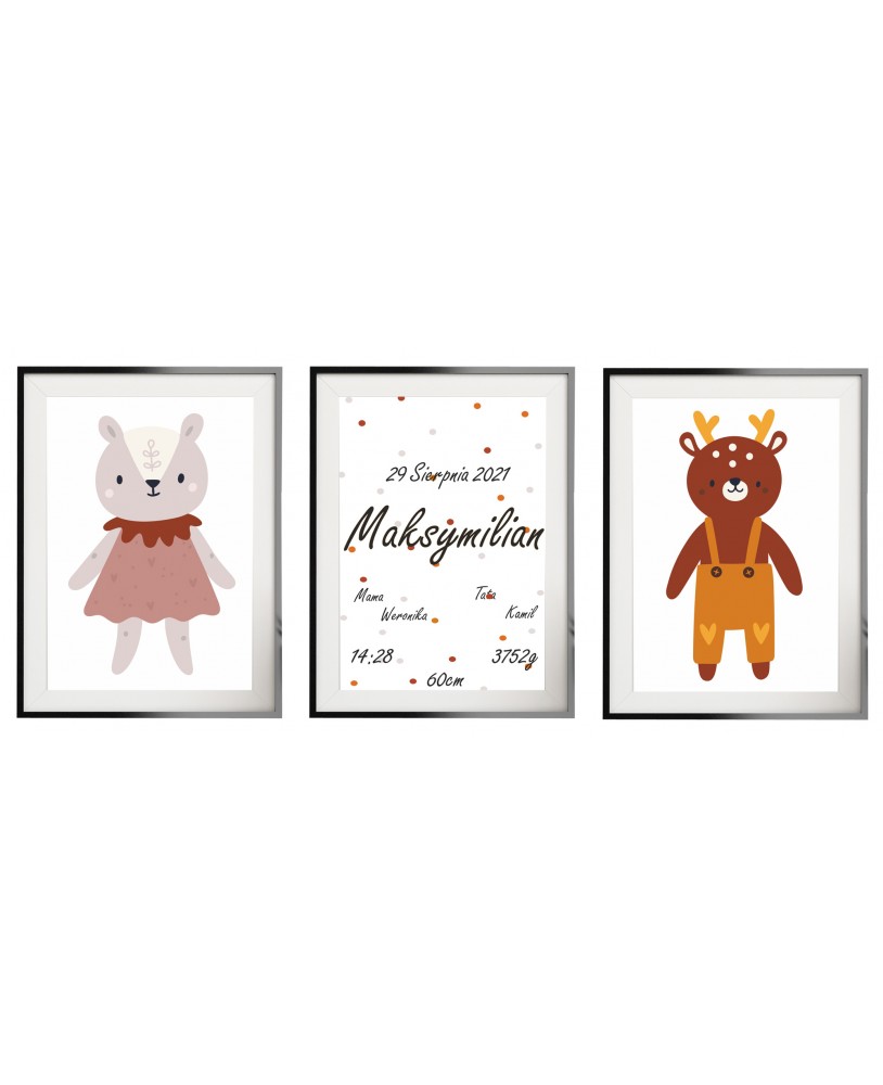 Metryczka zestaw 3 plakatów personalizowanych dla dzieci miś renifer plakat z imieniem prezent chrzest studiograf