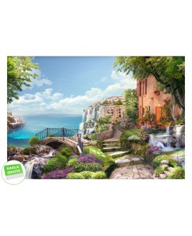Fototapeta 3D na ścianę  na wymiar flizelinowa rajski widok miasto nad morzem wodospady kwiaty studiograf