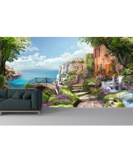 Fototapeta 3D na ścianę  na wymiar flizelinowa rajski widok miasto nad morzem wodospady kwiaty studiograf